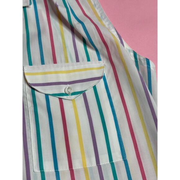 1970s-1980s HUNTERS GLEN White RAINBOW Striped Button Up Tank Top W/Pockets. L - Picture 7 of 10